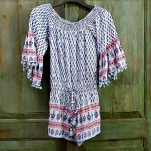 Raga Womens Kassie Pom Pom Romper Boho Floral Off The Shoulder, Size Small,NWOT